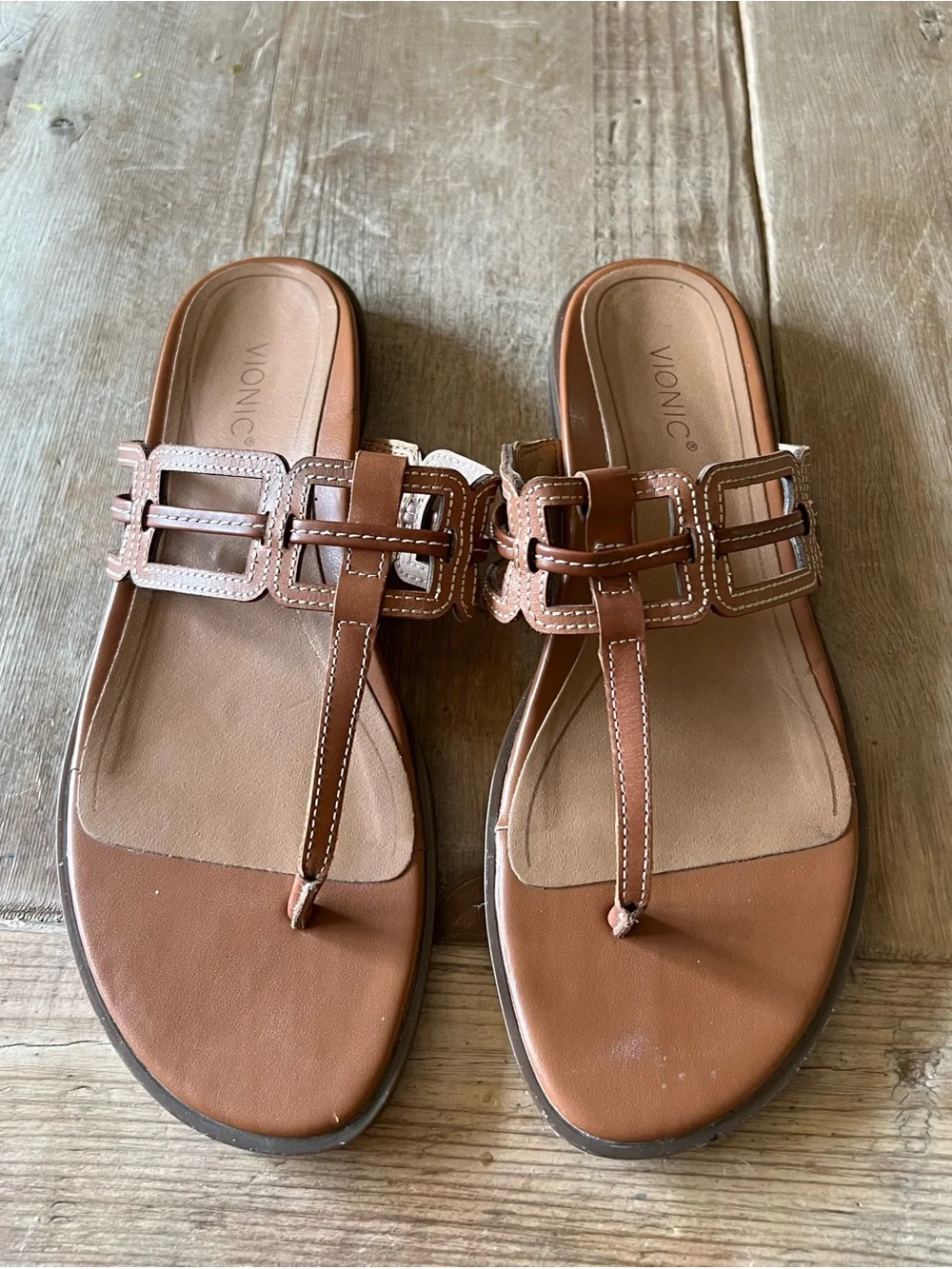 Vionic Tan Brown T-Strap Leather Slide Sandals - Picture 2 of 11